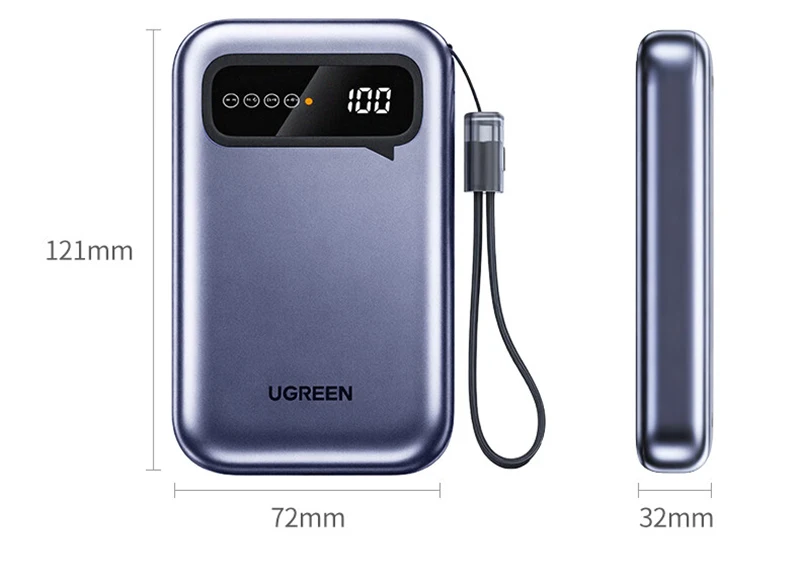 

20000mAh UGREEN Portable Charger, 22.5W Fast Charging Power Bank with Built-in Cable, 3C Certified for Air Travel Smartphone