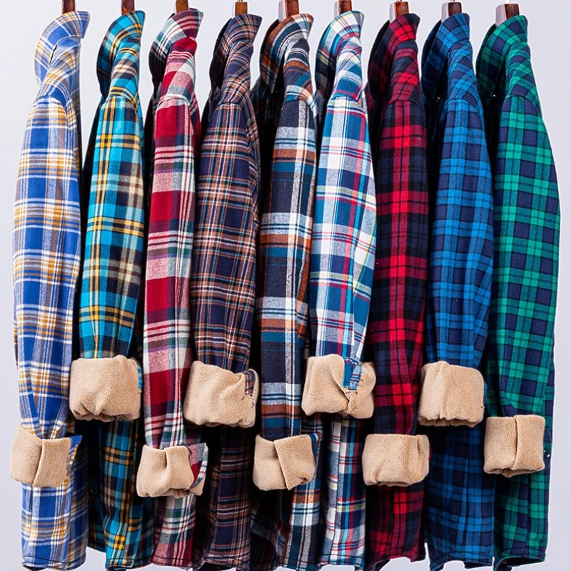2026 Winter 100% Cotton Lambswool Shirt for Men,Multi-Color Fashion Casual Fleece-Lined Thickened Plaid Warm Mens Shirts/Camisas