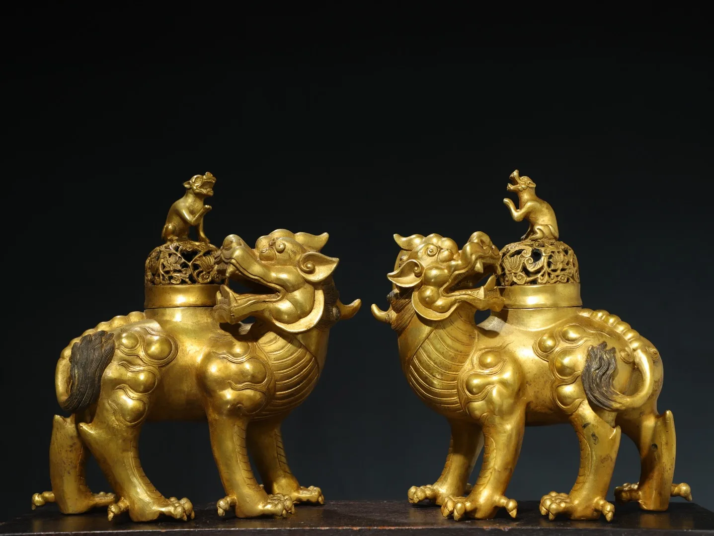 

12"Tibetan Temple Collection Old Bronze Gilded Cinnabar Suanni Lion A Pair incense burner Dragon Fifth Son Divine Beast