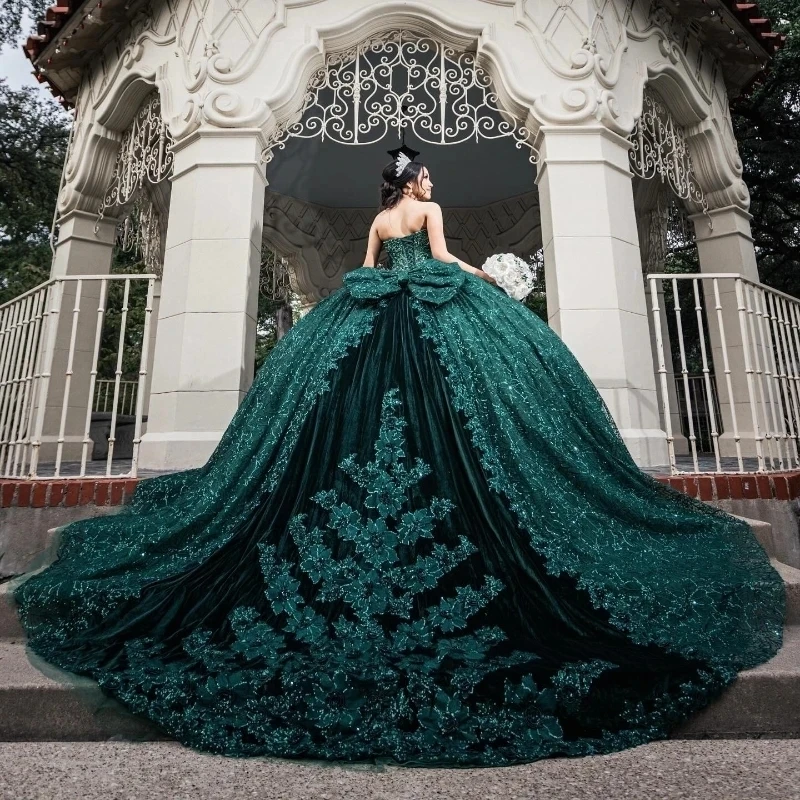 Blackish Green Beading Crystal Bow Quinceanera Dress Ball Gown Off The Shoulder Appliques Tull Corset Vestidos De Quinceañera