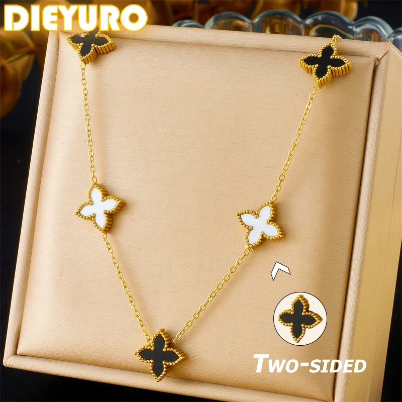 DIEYURO 316L Stainless Steel White Black Double Sided Elegant Fashion Flowers Necklace Women New Trend Neck Chain Jewelry Gift