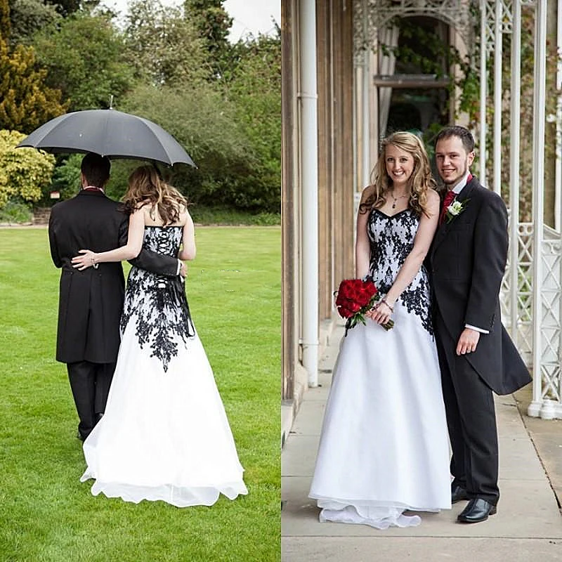 

Victorian Gothic Country Wedding Dress Sweetheart Lace Black and White A Line Vintage Long Beach Bridal Gowns Customized