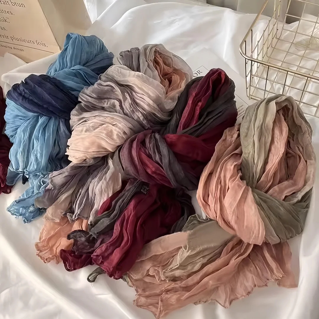 

Retro Ethnic Style Cotton and Linen Scarf for Women Tie-dyed Long Pleated Gradient Shawl Korean Literary Fresh Cotton Silk Scarf