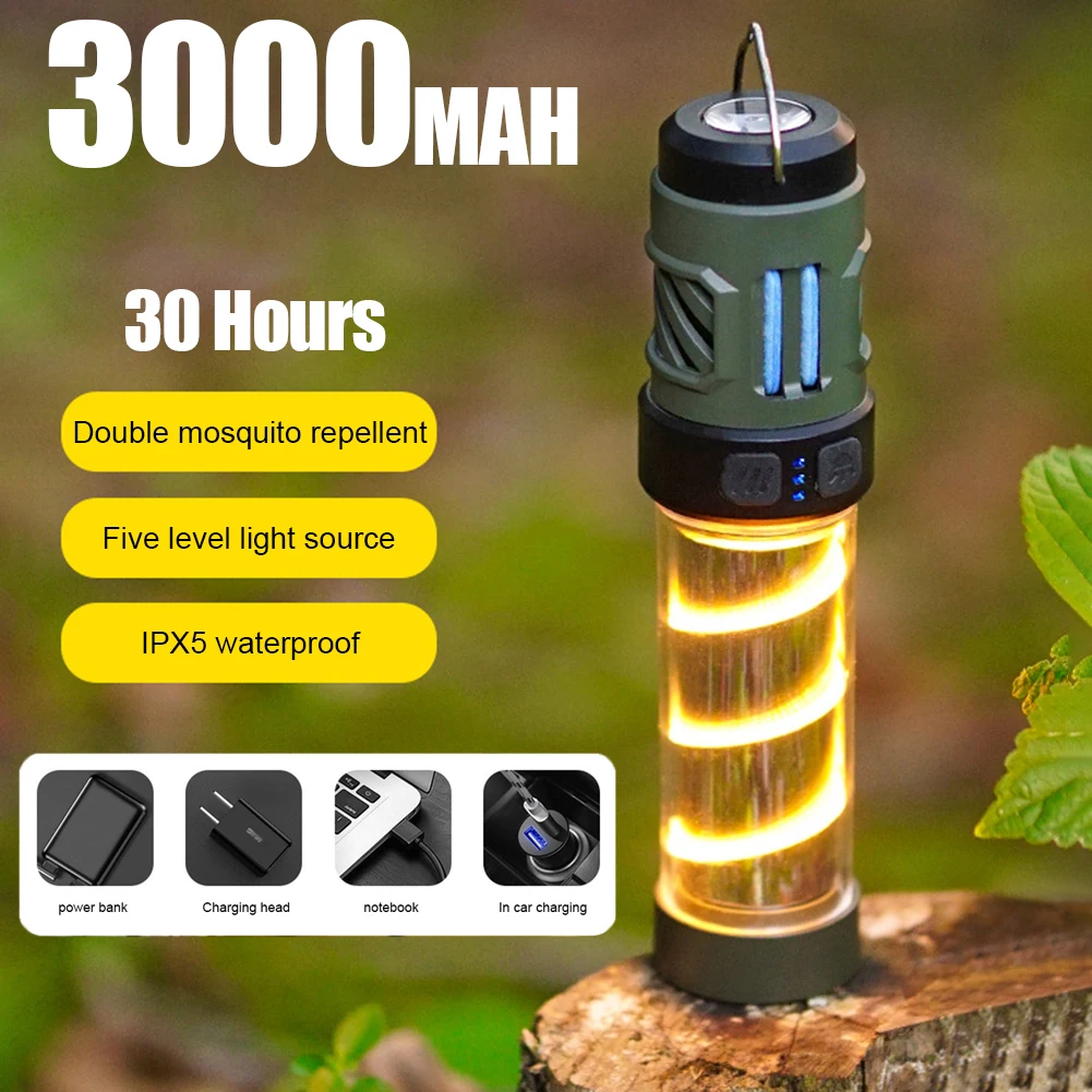 3 in 1 Camping Lantern USB Rechargeable Camping Light Waterproof Night Fishing Lights with Triangle Bracket for Outdoor Camping