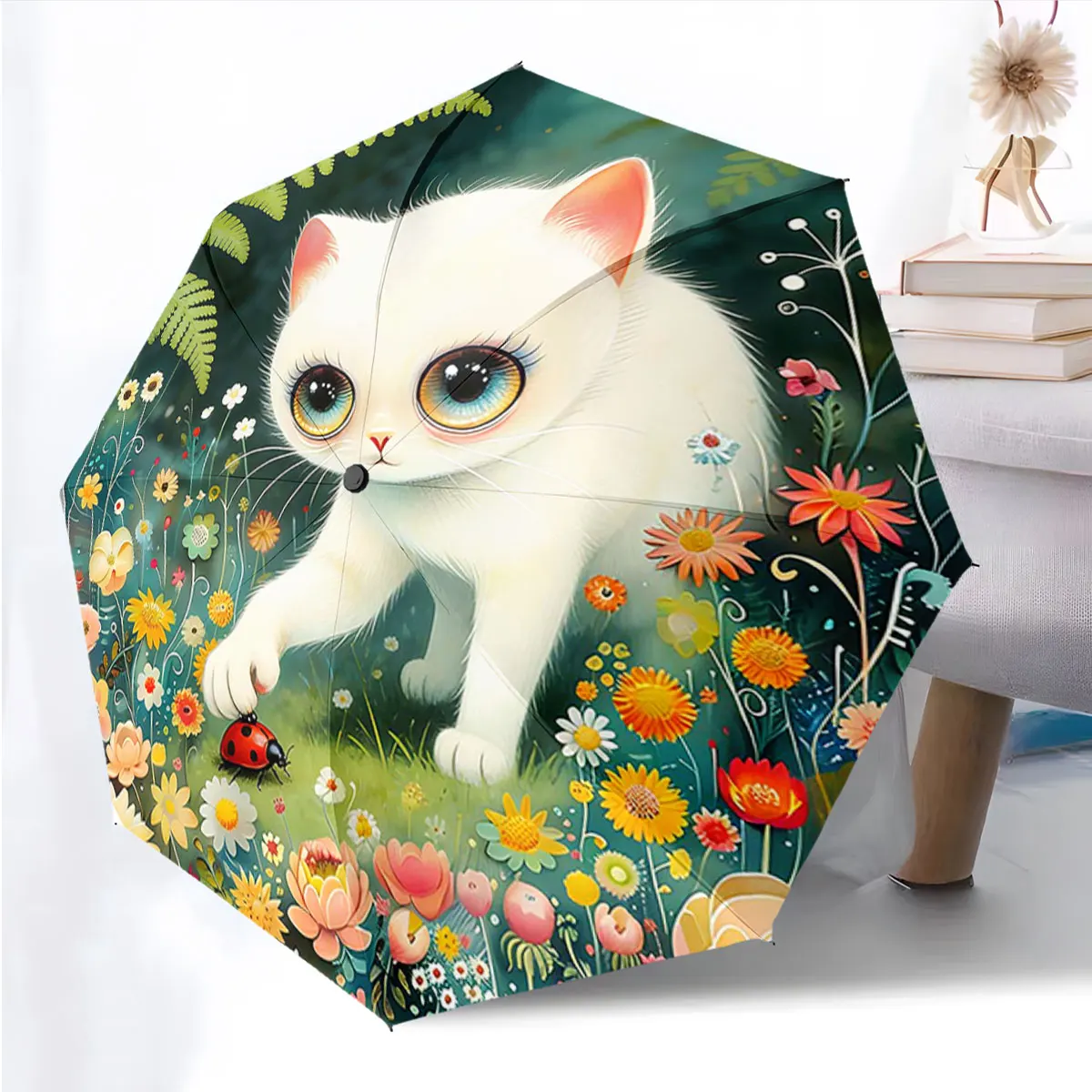 1PC Whimsical Cat in a Colorful Garden Scene Umbrella Print 8 Iron Ribs Folding Umbrella Auto-Open Fashion Sunshade