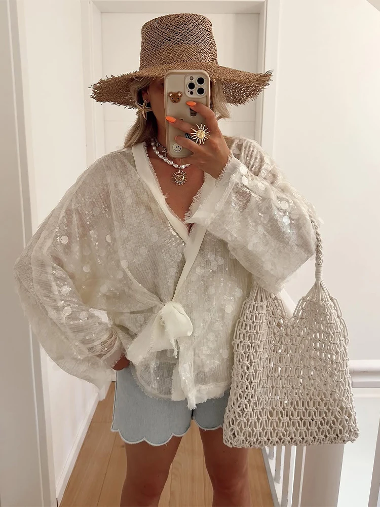 

Chic Sequins Long Sleeves Lace Up Woman Short Jacket Casual Solid Color Loose Cropped Coats 2025 New Autumn Female Streetwear