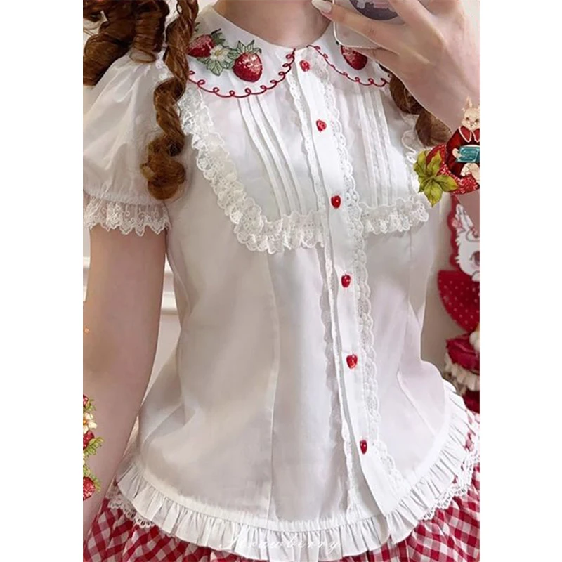 Kawaii White Shirts Women Lolita Cutecore Lace Print Blouses Summer Japanese Harajuku Peter Pan Collar Puff Short Sleeve Tops view 6