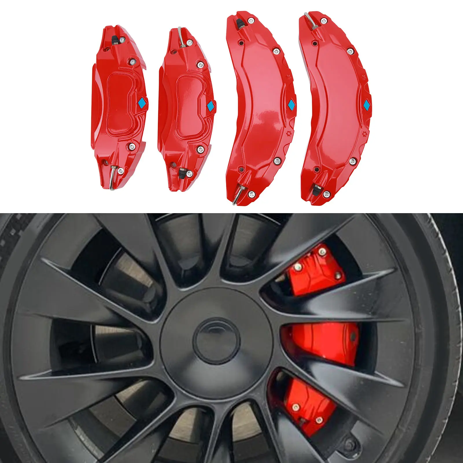 테슬라 모델 3 18인치 19인치 휠 허브용 4PCS 자동차 디스크 브레이크 캘리퍼 커버 알루미늄 합금 디스크 브레이크 캘리퍼 가드 교체품 썸네일 3