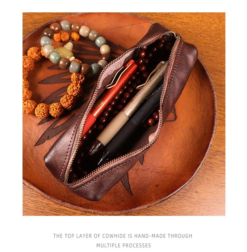 حالة قلم رصاص الجلد الطبقة العليا الجديدة مع كيس تخزين سعة كبيرة ، كيس نظارات الجلد الأصلي ، حالة قلم رصاص السحاب الرجعي #5