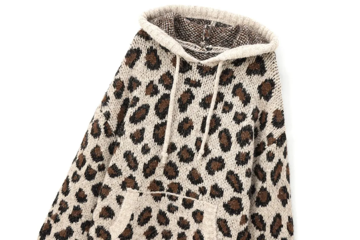 2025 Felpa con cappuccio lavorata a maglia jacquard con motivo animale a maniche lunghe allentata vintage autunno e inverno da donna