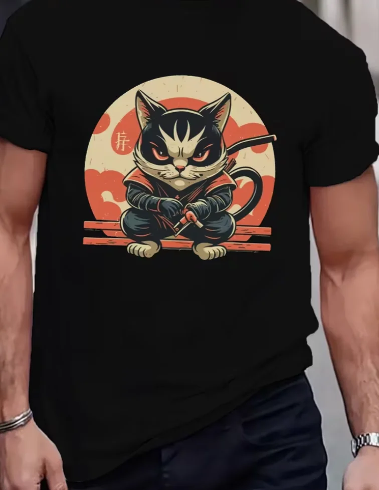 Retro Style Cat Ninja Fitted Men's T-Shirt, Sweat-wicking and Freedom of Movement T-Shirt
