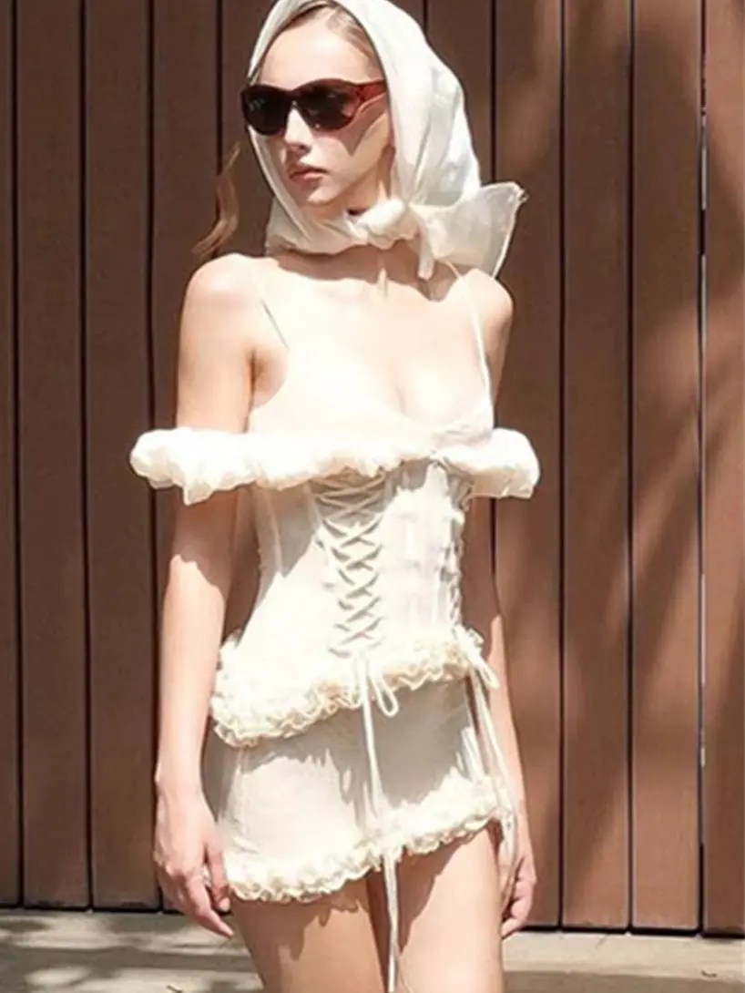 SIsterlinda Trend Mesh Slash Neck Dress Women Sweet Ruffles Shirring Sleeveless Patchwork Stretch Vacation Party Club Bodycon