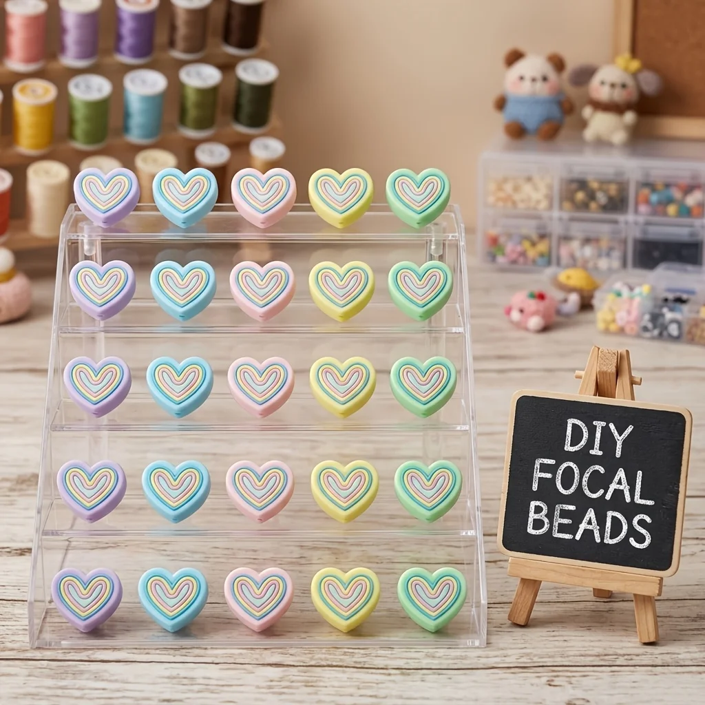 5Pcs 3D Rainbow Layered Heart Silicone Focal Beads, Purple Blue Pink Yellow Green DIY Beads for Bracelet Necklace Pen Decor - view 6