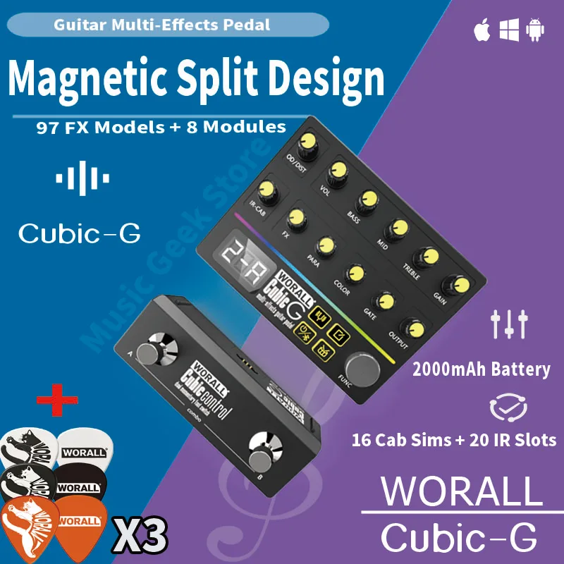 WORALL CubiC G Magnetic Split Guitar Pedal Multi-Effects Processor 97 Effects 16 Amps IR Loader Bluetooth OTG Battery