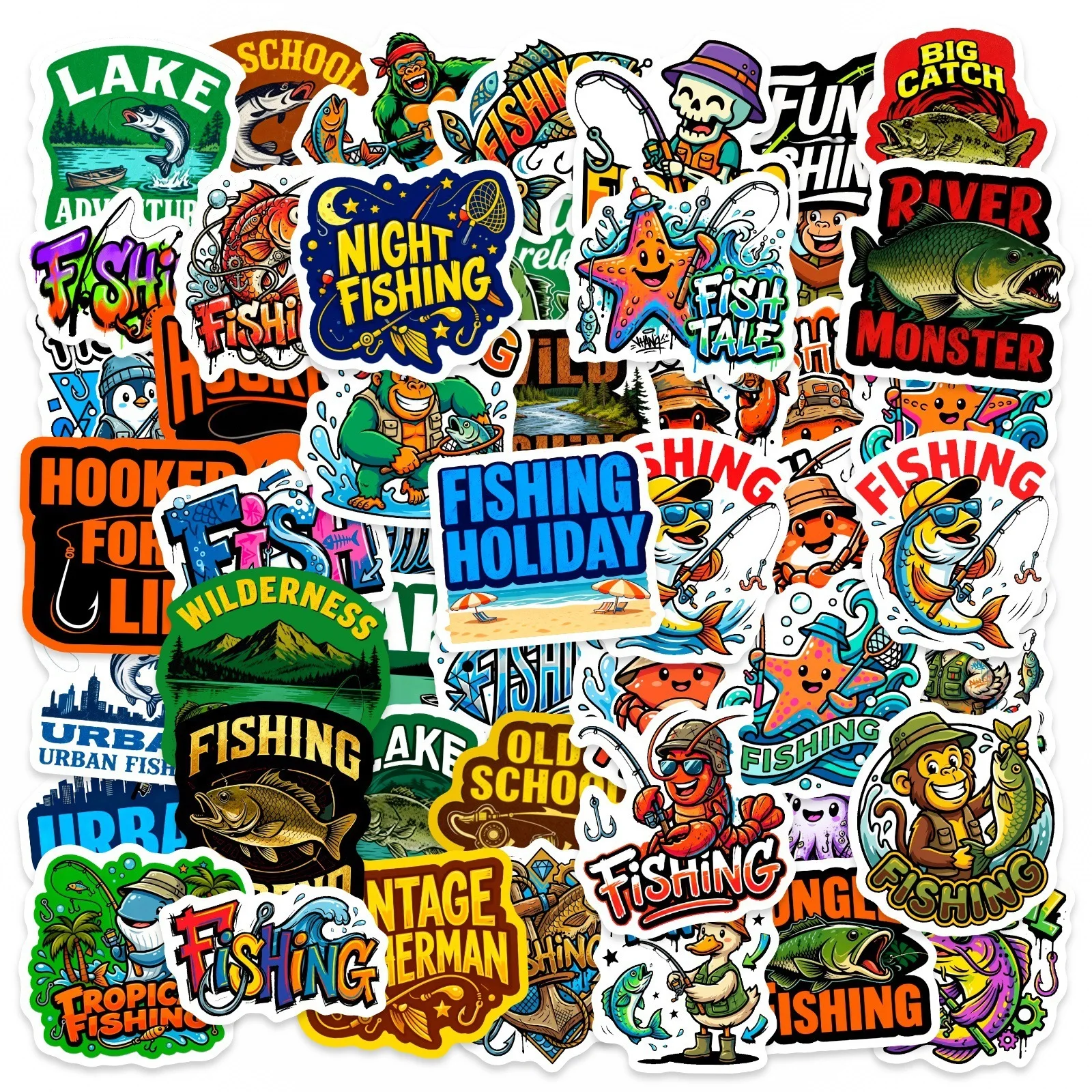 10/30/50PCS Cartoon Cool Wilderness Fishing Stickers Book DIY Skateboard Toy Guitar Luggage Suitcase Decoration Graffiti Sticker
