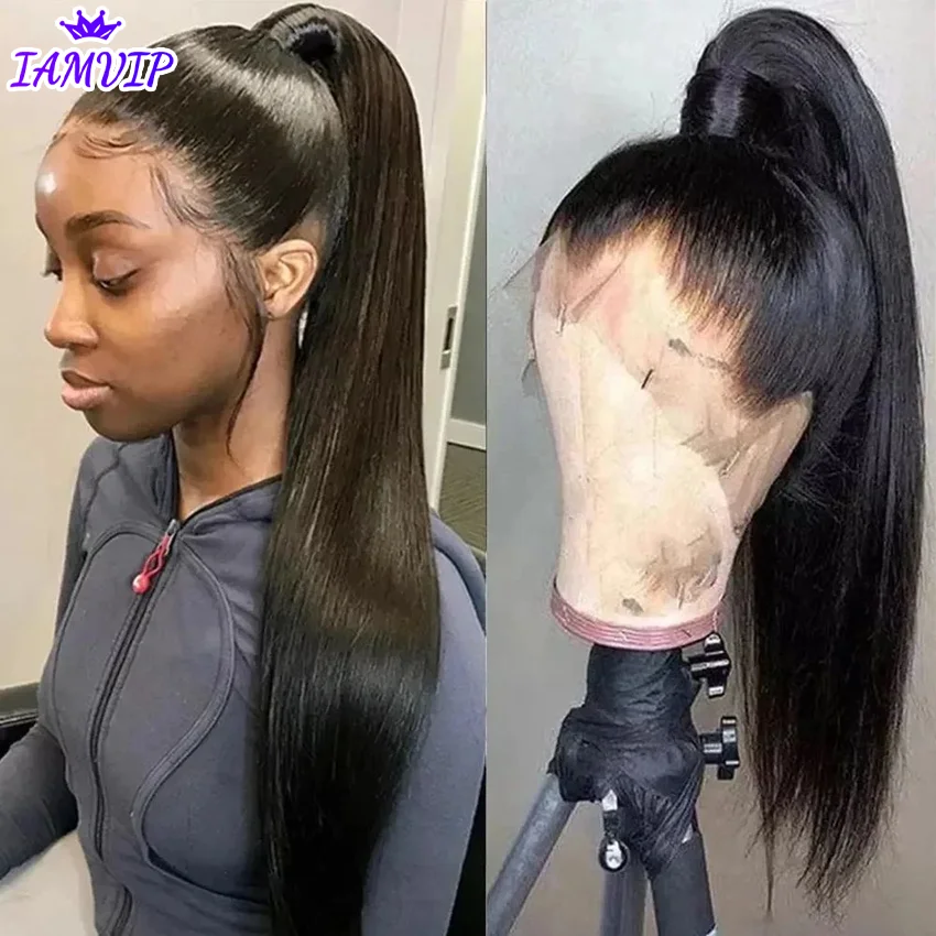 Peruca frontal de renda reta Glueless, 250 Densidade, Cabelo Humano Pré Arrancado, 360 Full HD Lace Front Wig, 30 polegadas, 13x6