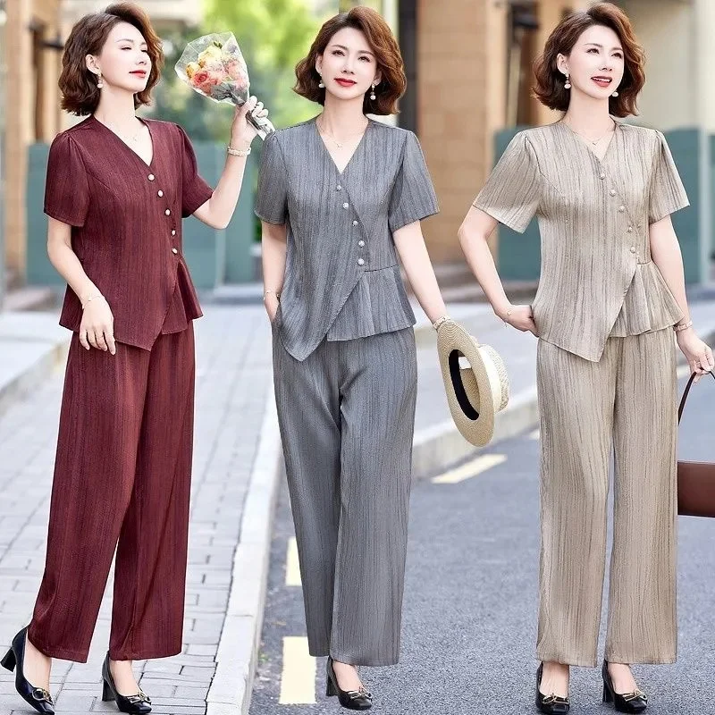 

2025 Female Fashion Short Sleeve 2PCS French Women New Two-piece Set Summer Middle Aged Mother Solid Color Wide Leg Pants Outfit
