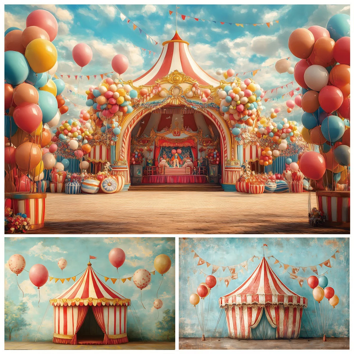

Circus Photography Backdrop Colorful Balloons Red Tent Amusement Park Baby Child Birthday Party Background Decor Photo Studio