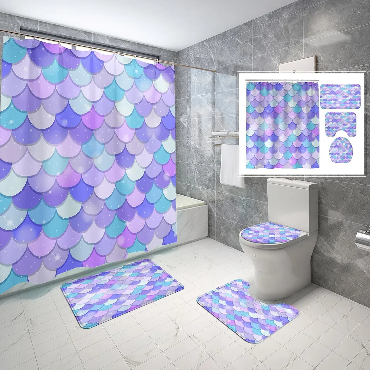 4 Piece Mermaid Scales Shower Curtain Sets Fantasy Girls with Non-Slip Rugs Toilet Lid Cover and Waterproof Shower Curtain Set