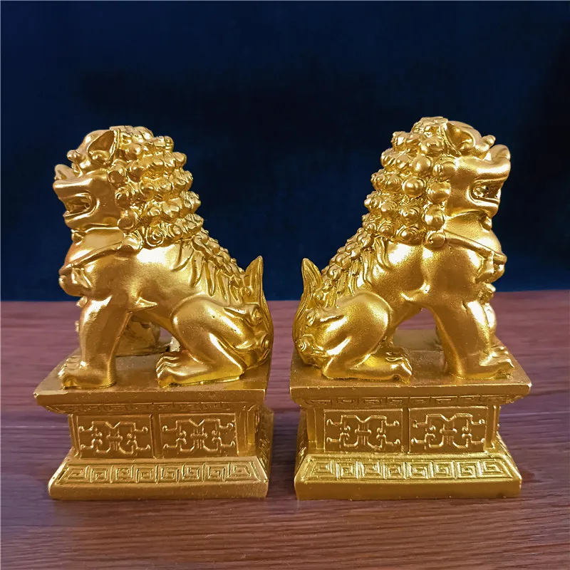 2Pcs Gold Fu Foo Dogs Lions Statues Feng Shui Man-made Jade Stone Buddha Dragon Sculpture Figurines