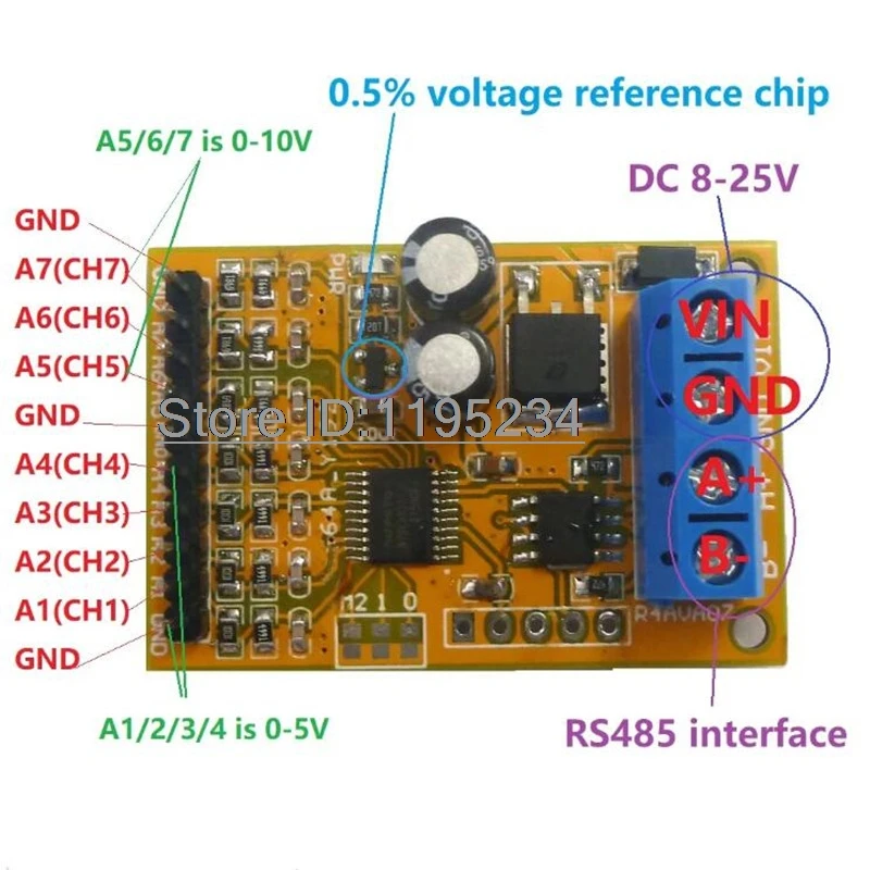 1pcs 0-5V/0-10V 7ch Voltage Analog Acquisition RS485 Modbus RTU R4AVA07 Module