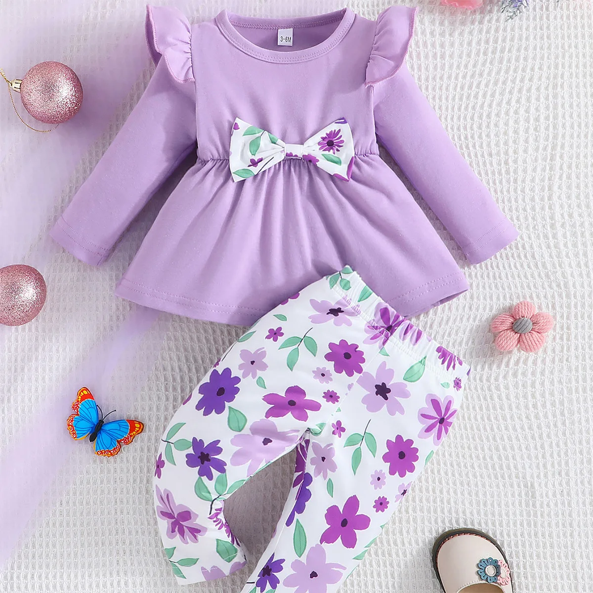 

New Winter Children Sets Cute Long Sleeve O Neck Ruffles Print Floral Bow Purple 2 Pcs Roupa Infantil Menina Clothes Sets 0-2T