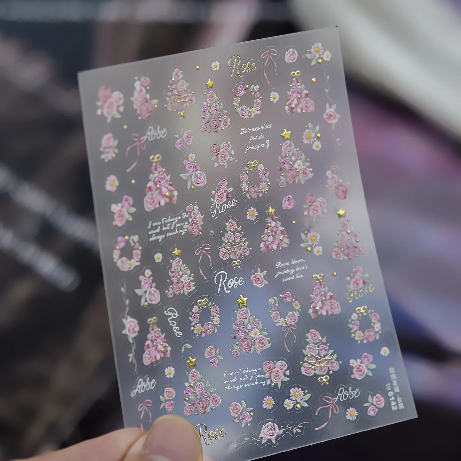 Sweet Pink Rose Daisy 5D Nail Stickers Ribbon Bow Floral Self‑Adhesive Nail Decal Beautiful Flower Cluster Nail Manicure Decor