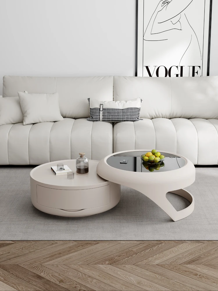 Cream style coffee table combination living room, household size circular small unit, tempered glass, high-end feeling