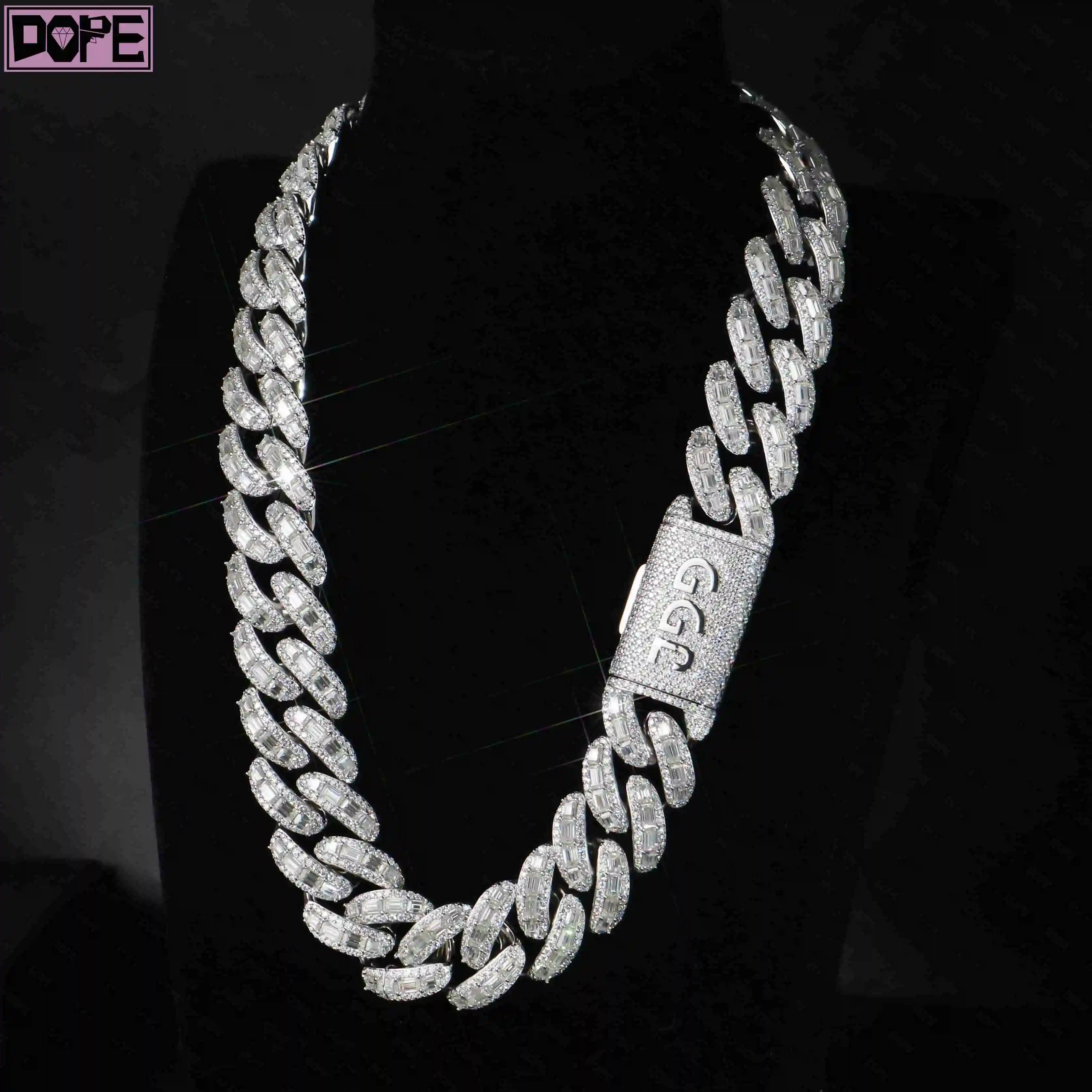 Hiphop 20mm Cuban Link Chain Iced Out Custom Clasp Buss Down VVS 925 Silver Baguette Moissanite Cuban Chain.