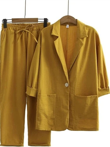 Traje de primavera y verano para mujer, Top + pantalón largo, traje de dos piezas, chaqueta informal de lino y algodón, traje superior, conjunto holgado de talla grande para mujer 2025