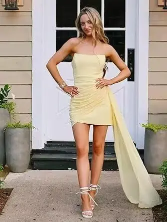 فساتين قصيرة لحفلات العودة للوطن من الشيفون للمراهقين بدون حمالات فستان حفلة موسيقية مع ذيل فساتين كوكتيل صغيرة الطول