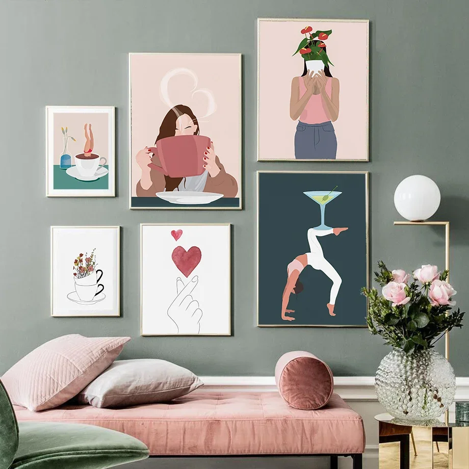 Interesantes amantes del café buceo café natación café vino tinto copa moda cuadro sobre lienzo para pared cartel nórdico habitación De