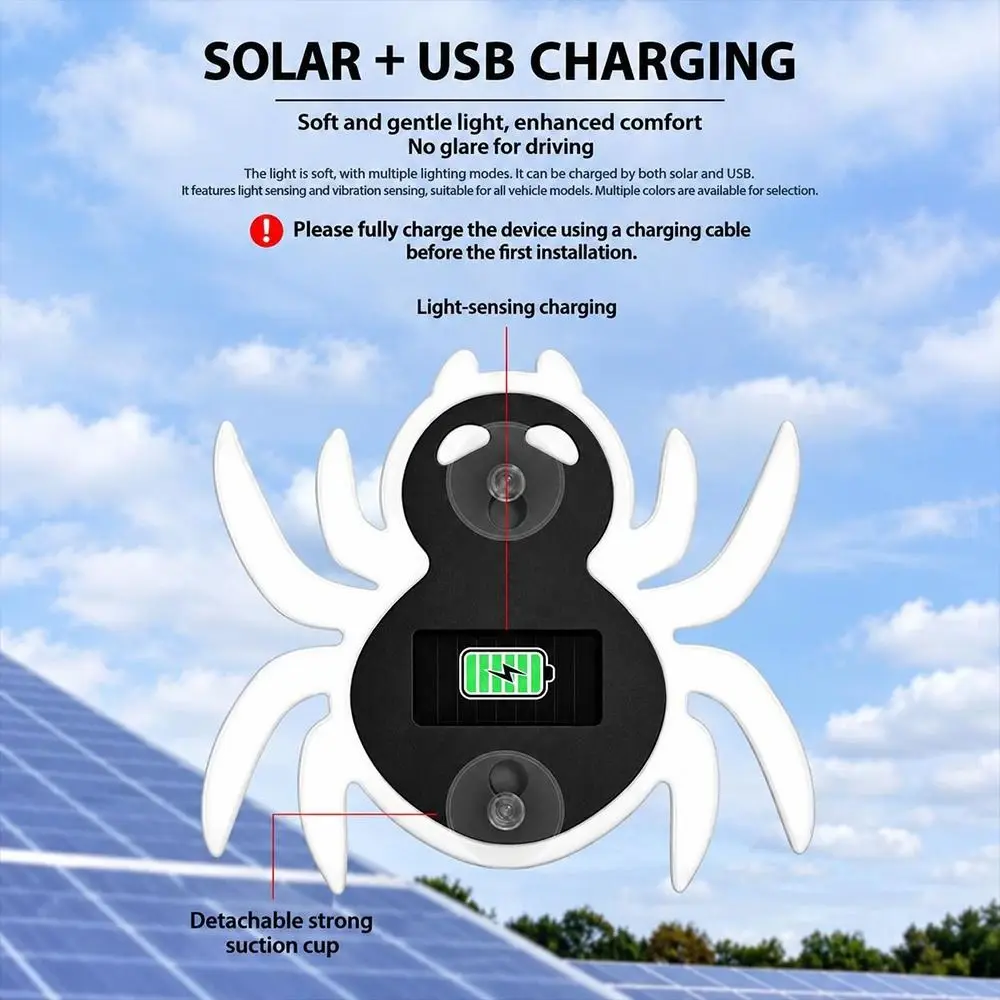 Solar Powered Spider Car Window Light Multicolor Suction Cup Mount Solar Window Light Color Changing Spider Shape