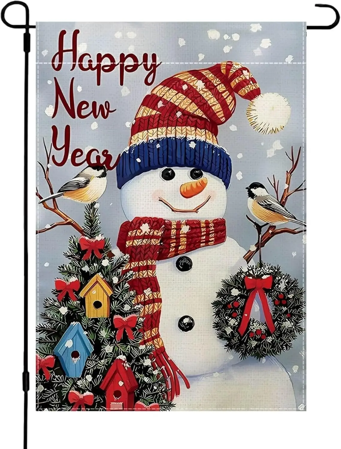 Happy New Year Winter Garden Flag with Snowman and Birds, Xmas Holiday Christmas Garden Flag for Outside, 12x18 Double Sided UUN