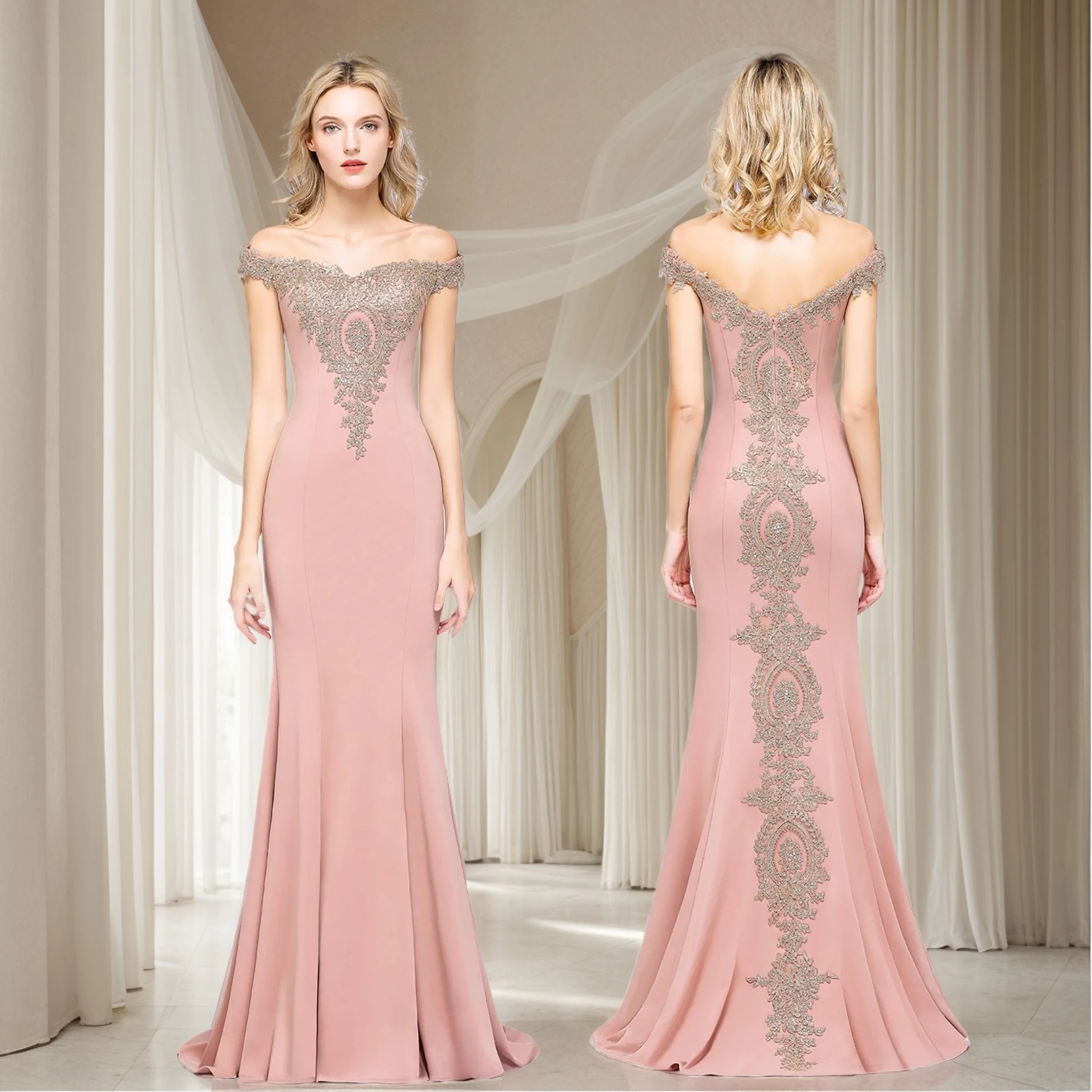 

2025 Women Off-Shoulder Evening Dress Gold Sequins Appliques Strap Zipper Backless Prom Dresses Elegant Train Mermaid Party Gown