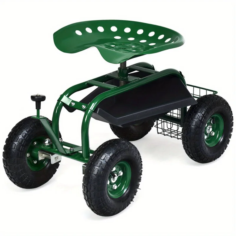 Garden Cart Patio Wagon Rolling Work Seat w/ Tool Tray Basket Planting Green