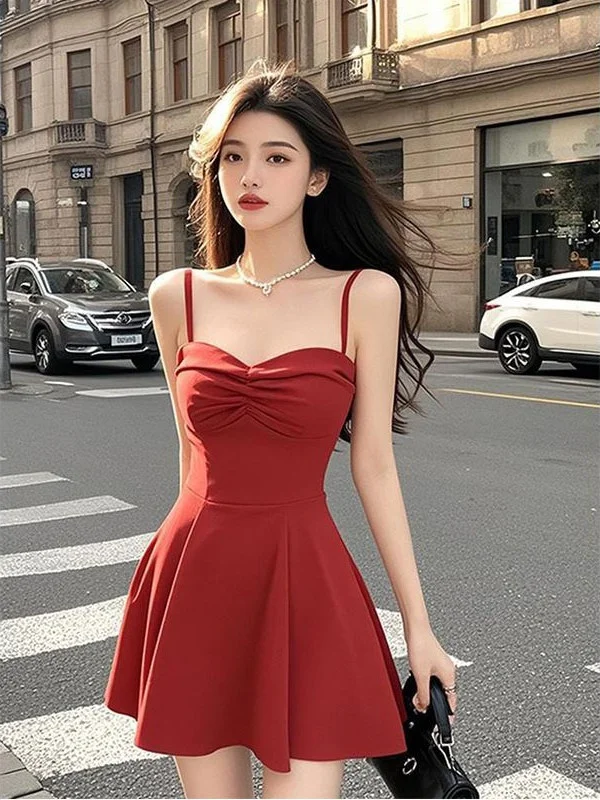 

Korean Style Beautiful Red Strapless Dress Women's Summer Sexy Design Slim A-Line Short Skirt High Waist Sleeveless One-Piece