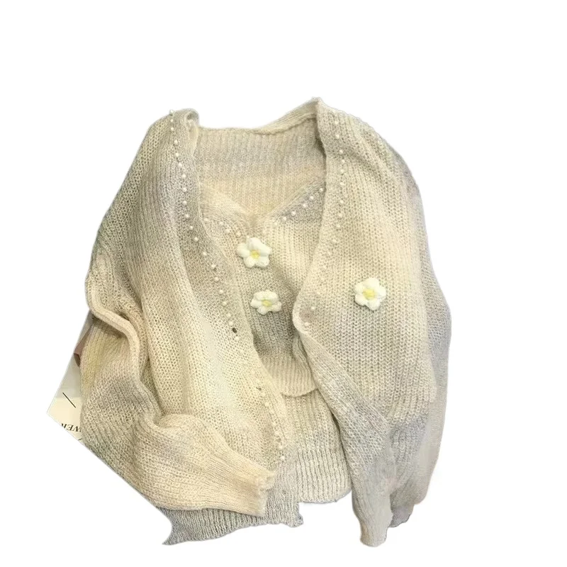 Women Knitted Cardigan  Halter Flowers Two-piece Top Women Spring and Autumn Short Beaded Lazy Style Soft Fluffy Sweater Coat
