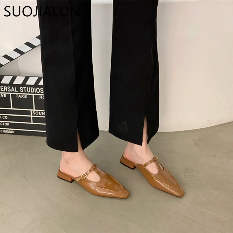 SUOJIALUN 2023 Summer New Women Slipper Fashion Slip On Ladies Elegant Mules Shoes Square Low Heel Dress Sandal Casual Slides