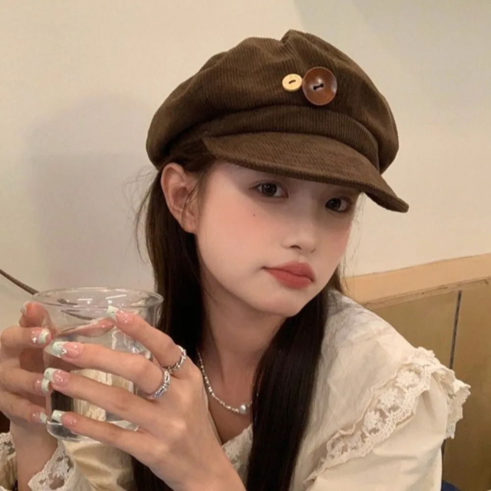 Cappello berretto retrò Y2k con doppio bottone Cappello da pittore Harajuku JK antivento Mantieni caldo cappello ottagonale per ragazze