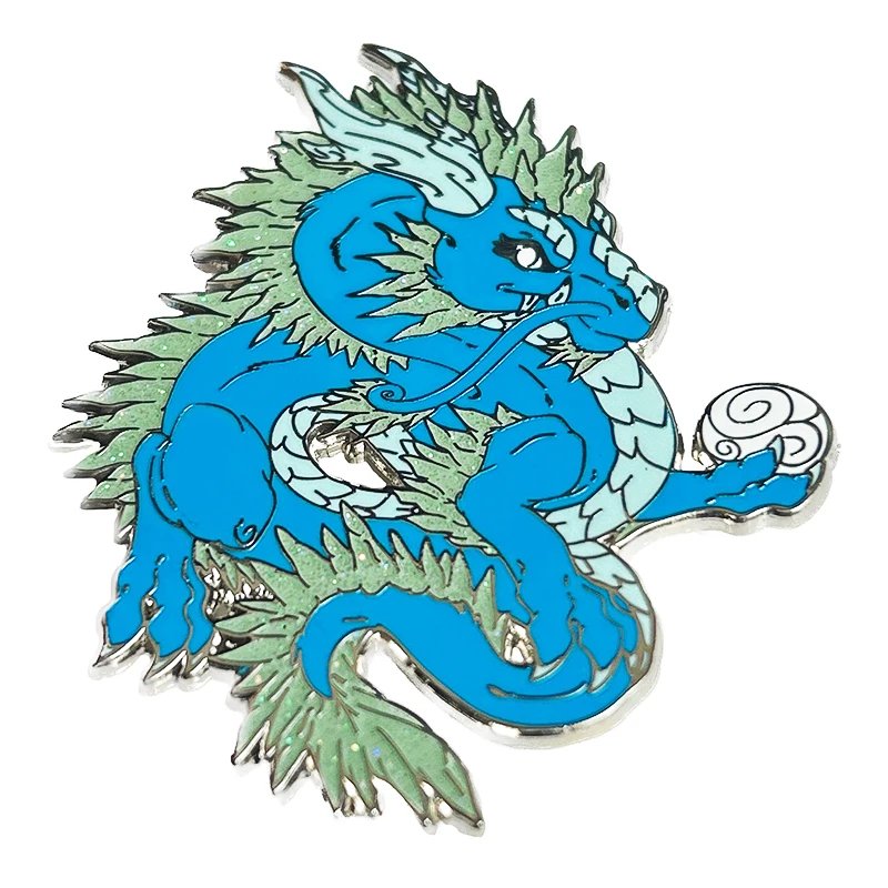 Producer Cartoon Handsome Blue Dragon Lapel Pin High Quality Caesious Glitter Hard Enamel Silver Metal Badge For Friend Gift