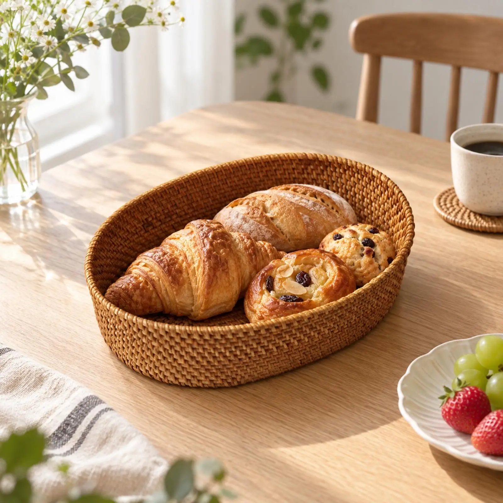 Oval Rattan Serving Tray Handwoven Basket for Snacks Bread Fruit Dining Table Organization