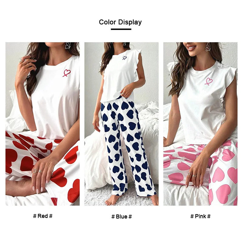 Heart & Letter Printed Womens Pajama Pj Set Soft Short Sleeve Tops & Elastic Waist Pants Pyjama Pijama Femme Casual Home Clothes