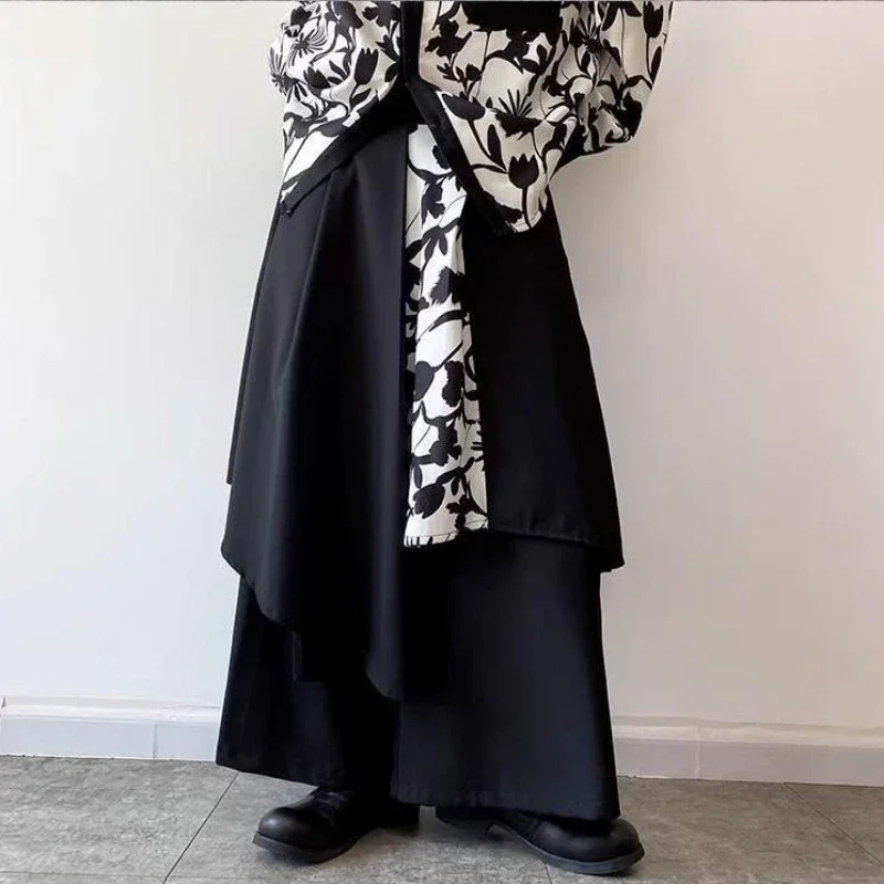

Designer Style Men’s Black Samurai Pants Japanese New Chinese Culottes with Asymmetric Layered Look Streetwear Wide Leg Trousers