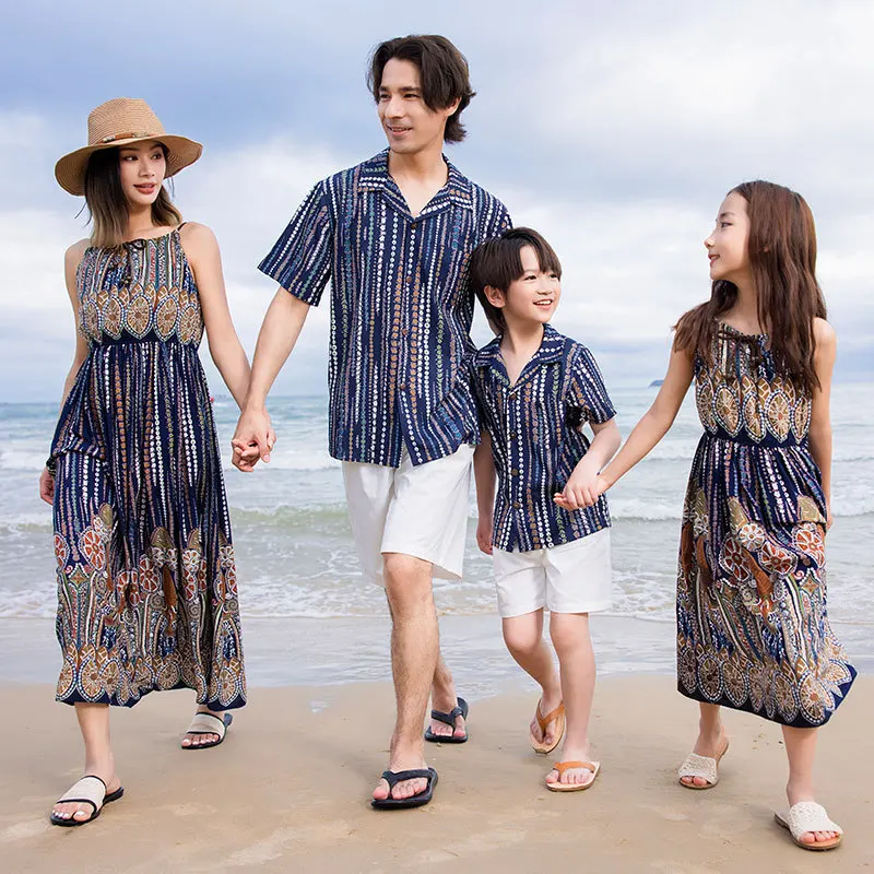 Beach Sets for The Family Resorts Look Mother and Daughter Matching Summer Print Dresses 2024 Father Son Vacation Shirts Outfits