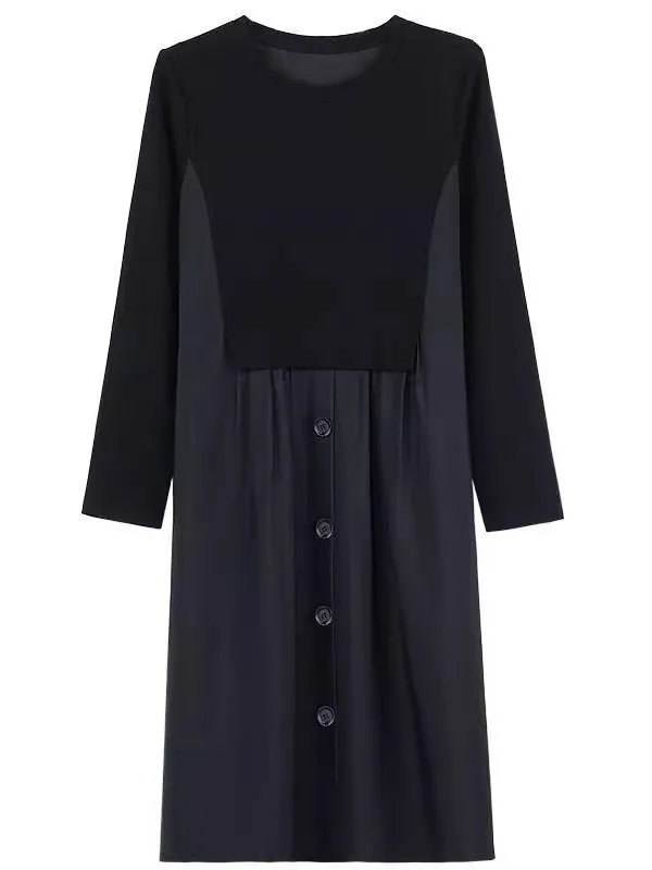 캐주얼 슬레 플러스 사이즈 드 페이크 투피스 롱 슬리브 루즈핏 스플라이스 슬리밍 미디 길이 A라인 스커트 여성용