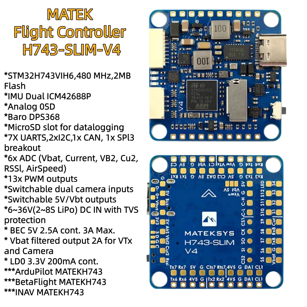 Matek Mateksys H743 SLIM V4 Controllore di volo con OSD MicroSD integrato per multicottero modello FPV RC