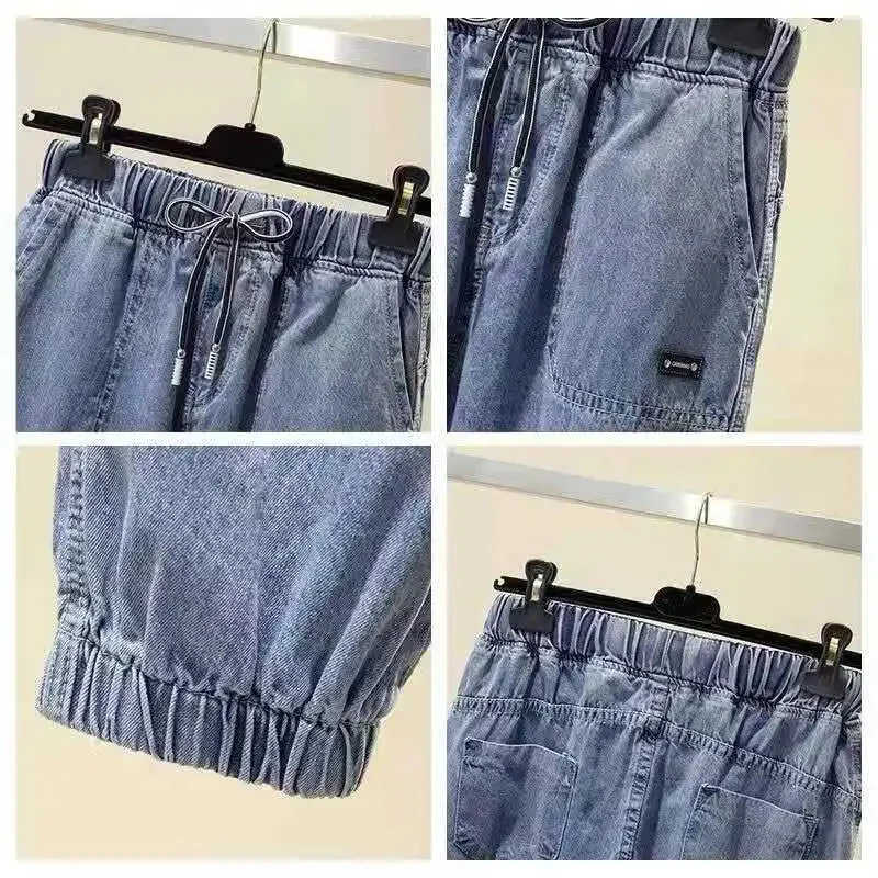 Pantalones vaqueros de mujer primavera otoño pantalones vaqueros de cintura elástica talla grande sueltos femeninos Casual Harlan de nueve puntos con pies atados pantalones ﻿