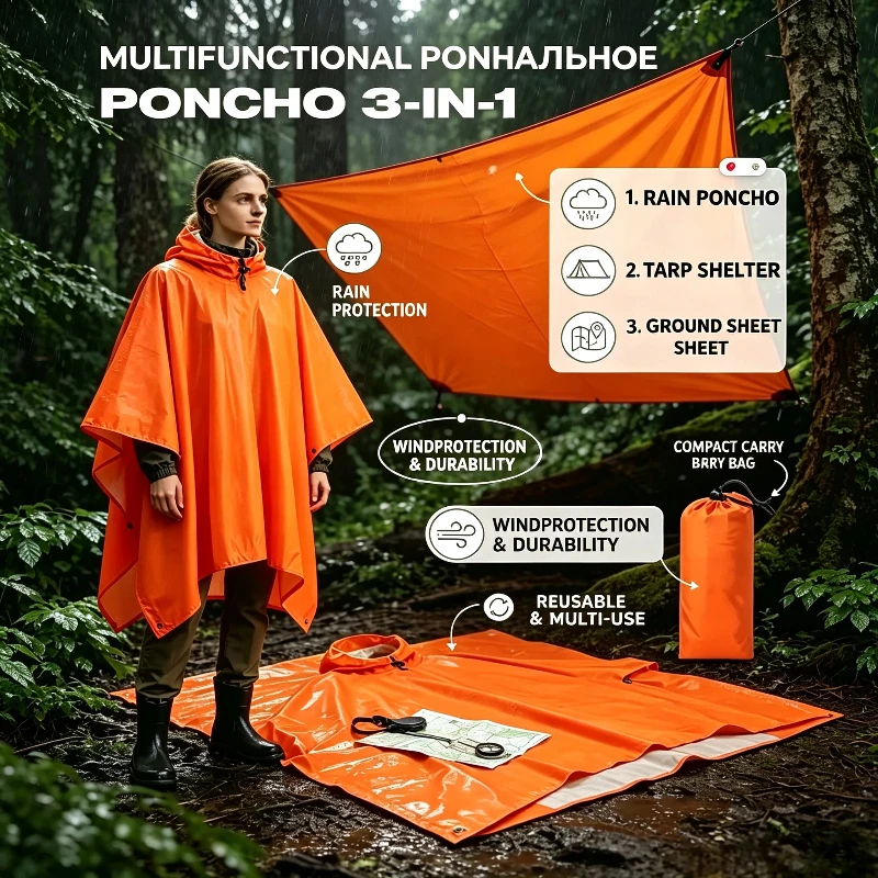 Hooded Rain Poncho for Adults Waterproof Lightweight Rain Coat for Men Women Reusable Rain Jacket for Emergency Outdoor