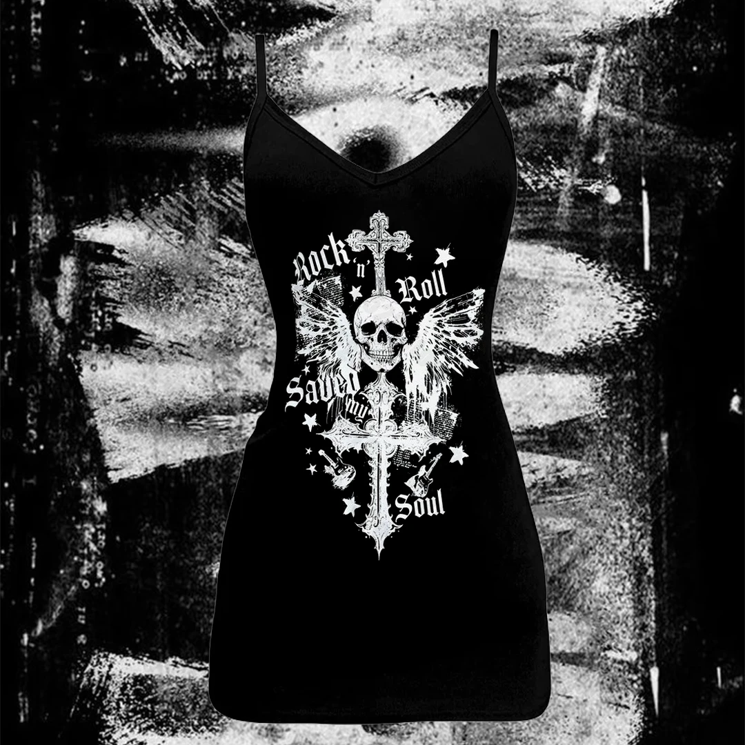 EMO فتاة Y2K نمط خمر المرأة فستان فاسق الجمجمة طباعة فستان كاجوال أنثى الجرافيك فساتين راقية 2000s كول بنات القوطية فستان #1